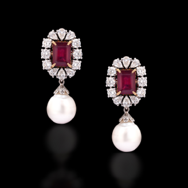 Earring So F Rubies Diamonds with South Sea Pearl Drops