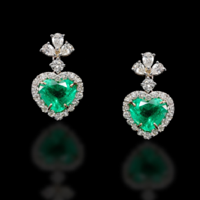 Earrings of Heart Shape Columbian Emeralds