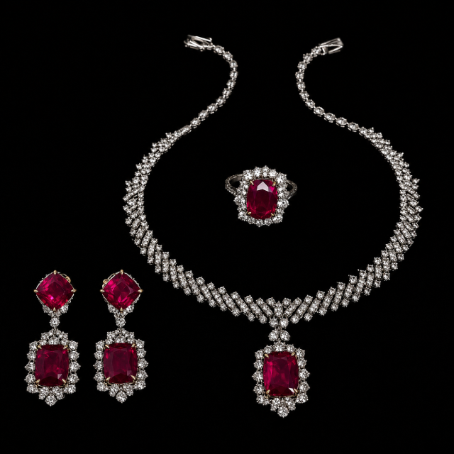 Necklace , Earrings and Ring of Rubies and Diamonds