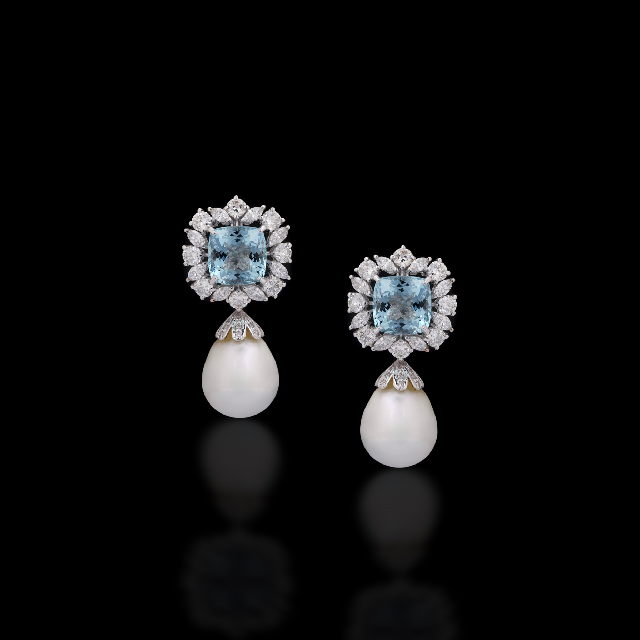 Earrings of Aquamarine and Diamonds with Pearl Drop in Hanging